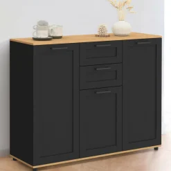 Buffet noir et plateau bois 100 cm avec 3 portes et 2 tiroirs*IDMarket Clearance