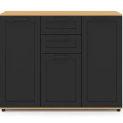 Buffet noir et plateau bois 100 cm avec 3 portes et 2 tiroirs*IDMarket Clearance