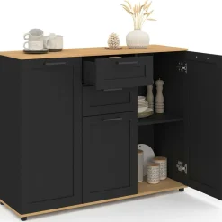 Buffet noir et plateau bois 100 cm avec 3 portes et 2 tiroirs*IDMarket Clearance