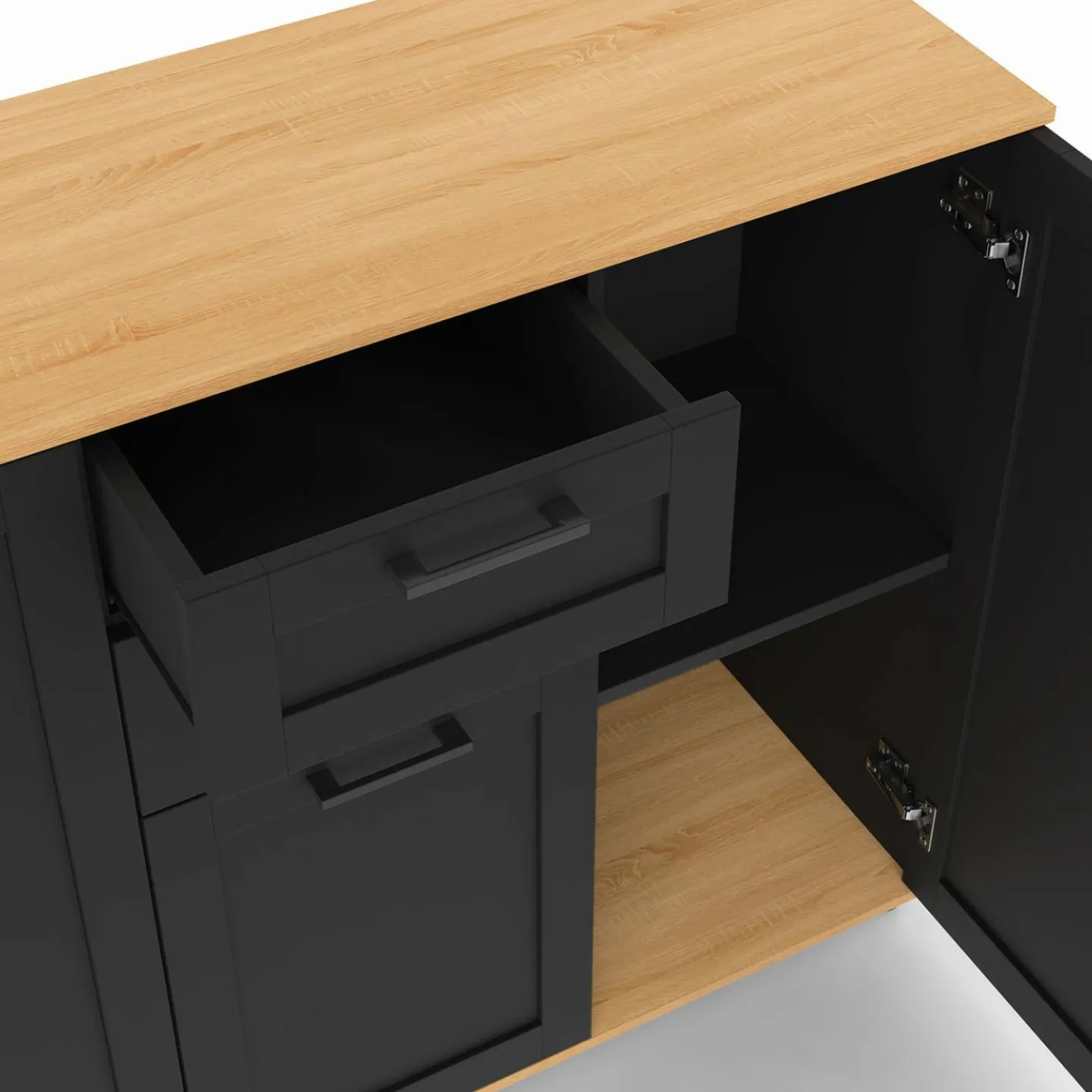 Buffet noir et plateau bois 100 cm avec 3 portes et 2 tiroirs*IDMarket Clearance