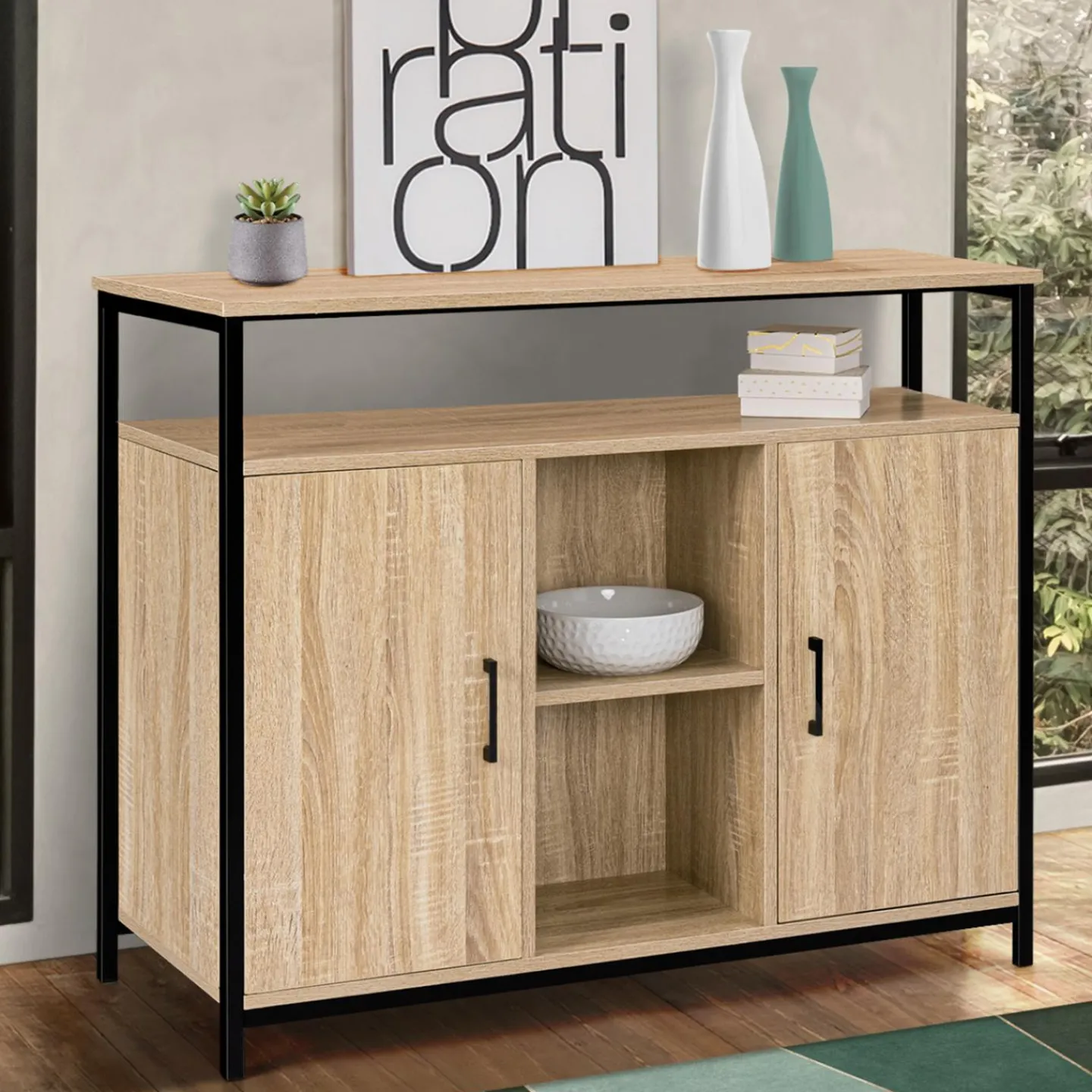 Buffet style industriel avec 2 portes et étagères en bois et métal noir 100 cm*IDMarket