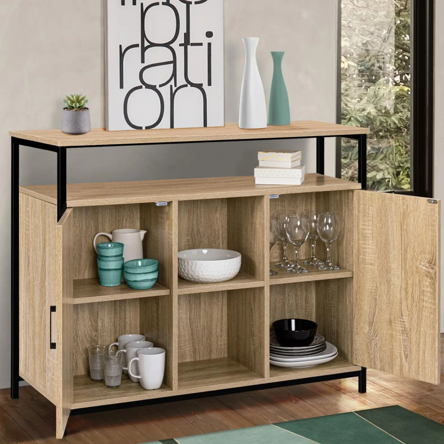 Buffet style industriel avec 2 portes et étagères en bois et métal noir 100 cm*IDMarket