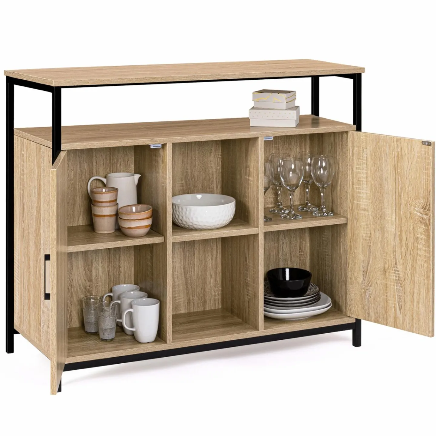 Buffet style industriel avec 2 portes et étagères en bois et métal noir 100 cm*IDMarket