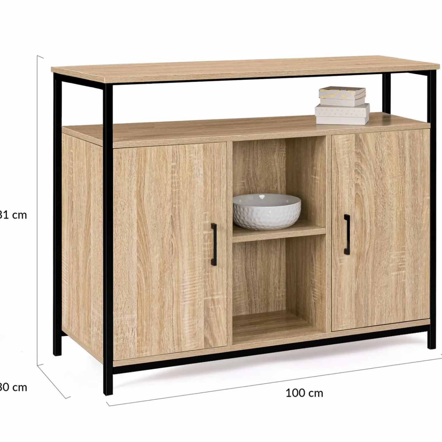 Buffet style industriel avec 2 portes et étagères en bois et métal noir 100 cm*IDMarket