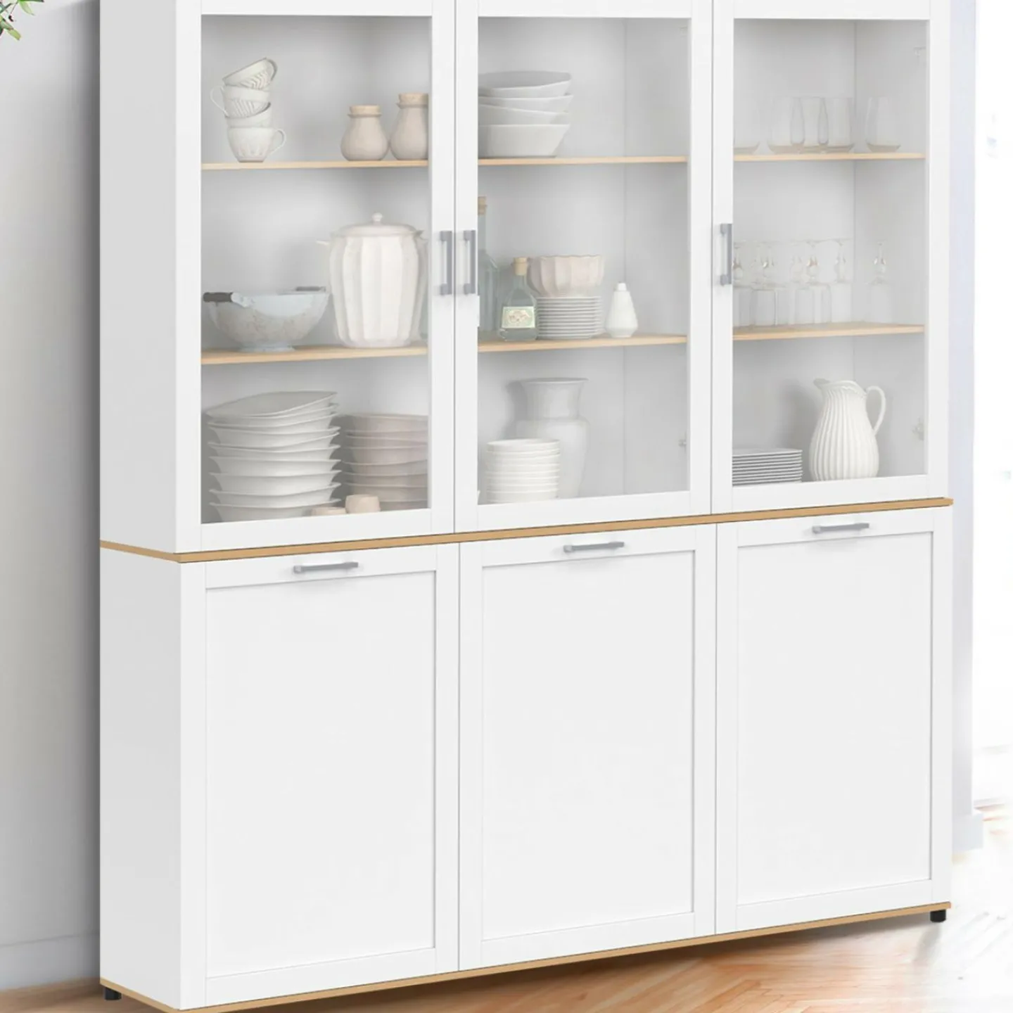 Buffet vaisselier 160 cm meuble de cuisine 6 portes blanc et bois*IDMarket Sale