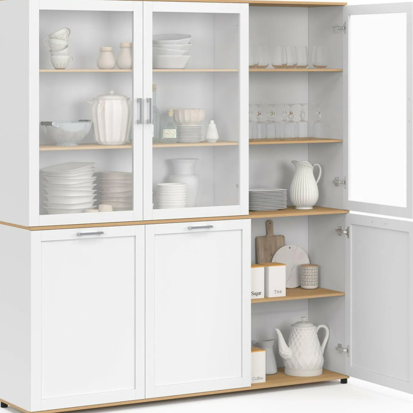 Buffet vaisselier 160 cm meuble de cuisine 6 portes blanc et bois*IDMarket Sale