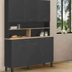 Buffet vaisselier noir 6 portes, 1 tiroir et plateaux façon hêtre*IDMarket