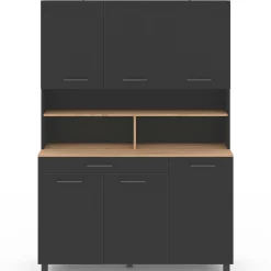 Buffet vaisselier noir 6 portes, 1 tiroir et plateaux façon hêtre*IDMarket