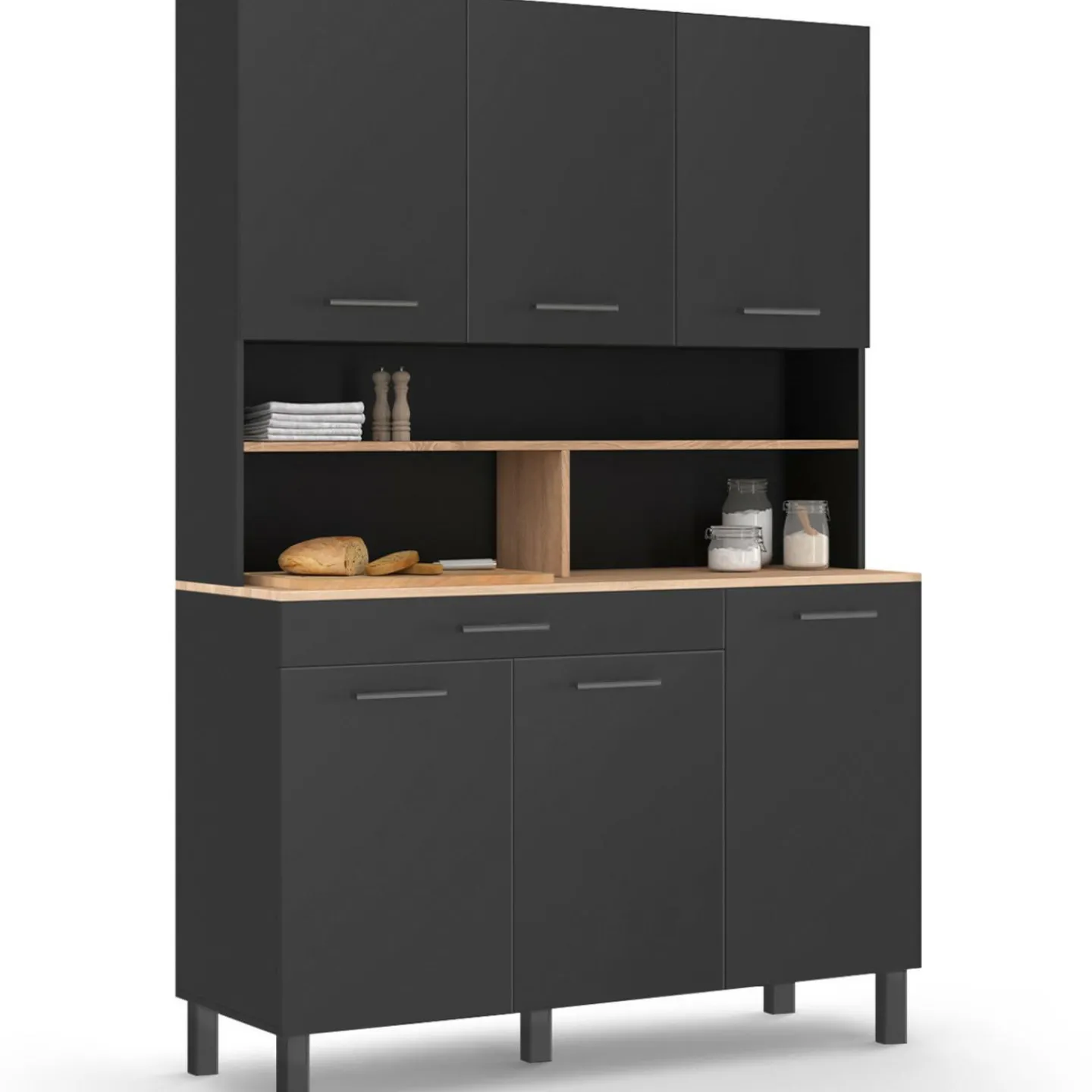 Buffet vaisselier noir 6 portes, 1 tiroir et plateaux façon hêtre*IDMarket