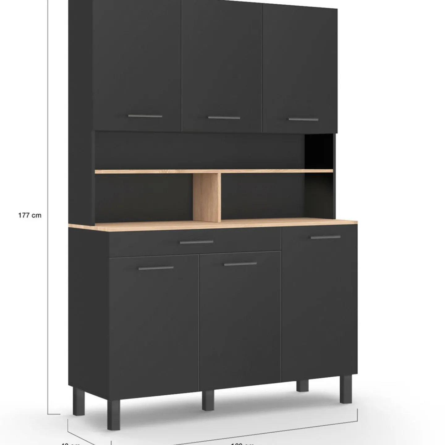 Buffet vaisselier noir 6 portes, 1 tiroir et plateaux façon hêtre*IDMarket