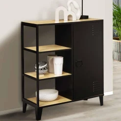 Buffet vestiaire métallique noir et plateaux bois*IDMarket