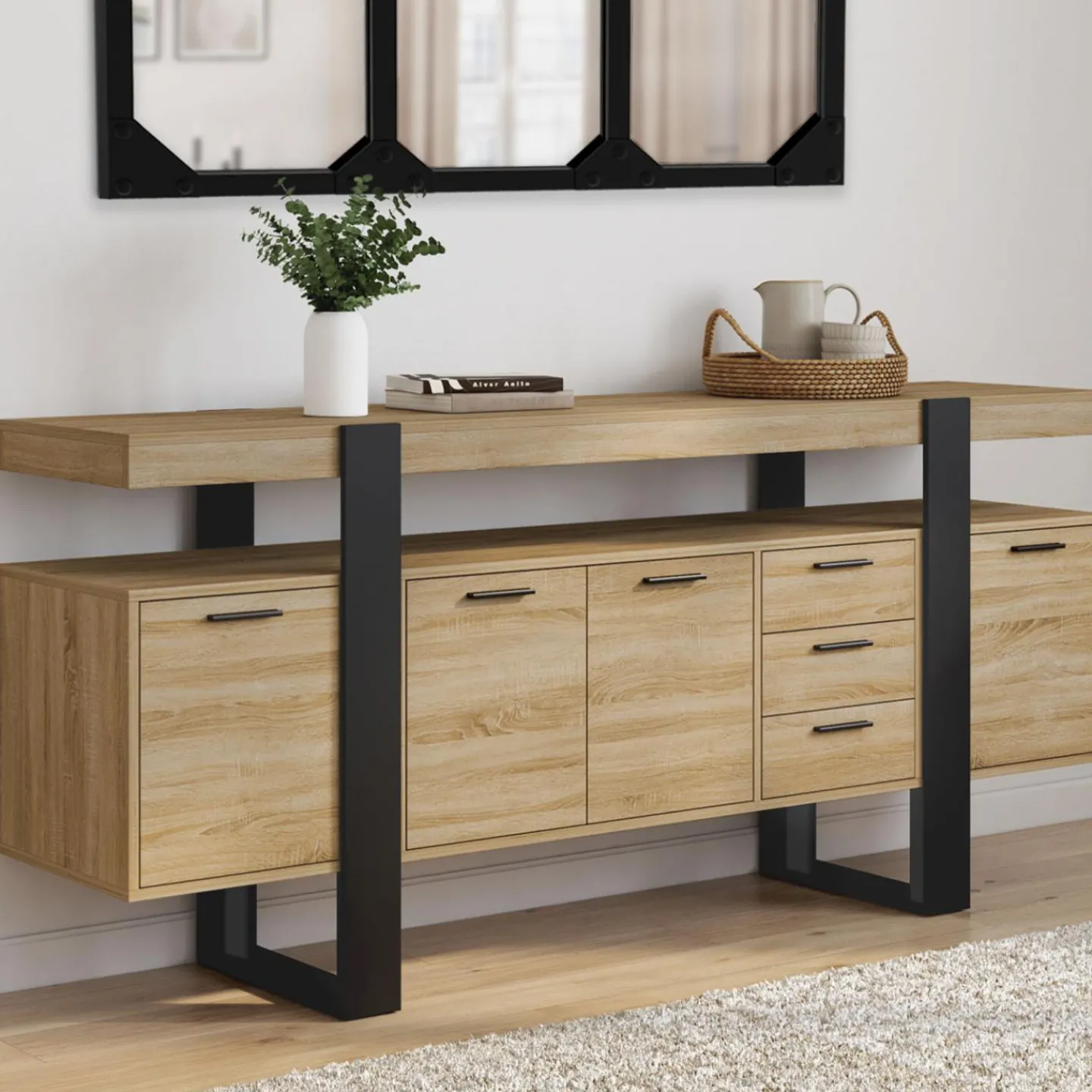 Buffet XXL 180 cm 4 portes 3 tiroirs bois et noir*IDMarket Best