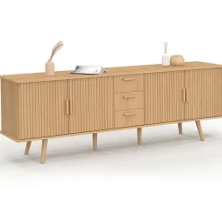 Buffet XXL de 180 cm avec 4 portes et 3 tiroirs à l’effet lattes et tasseaux en bois coloris chêne*IDMarket New