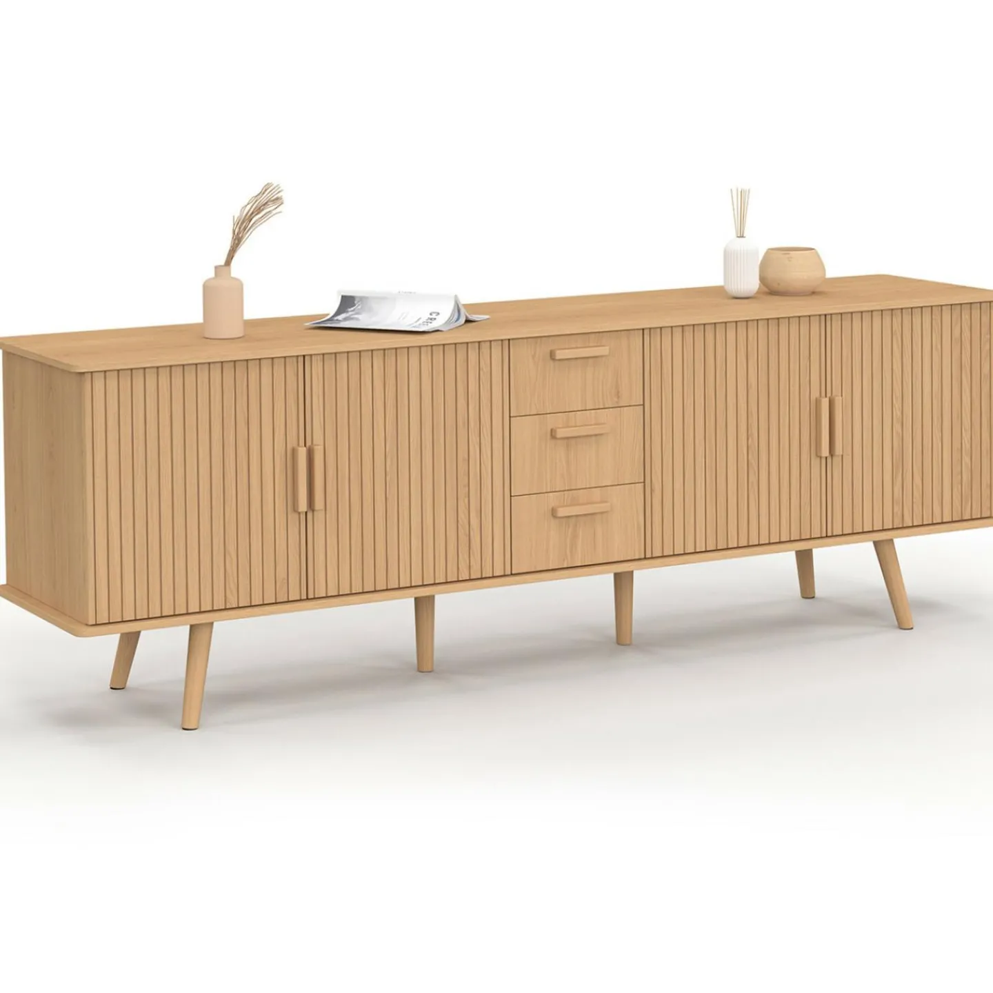 Buffet XXL de 180 cm avec 4 portes et 3 tiroirs à l’effet lattes et tasseaux en bois coloris chêne*IDMarket New