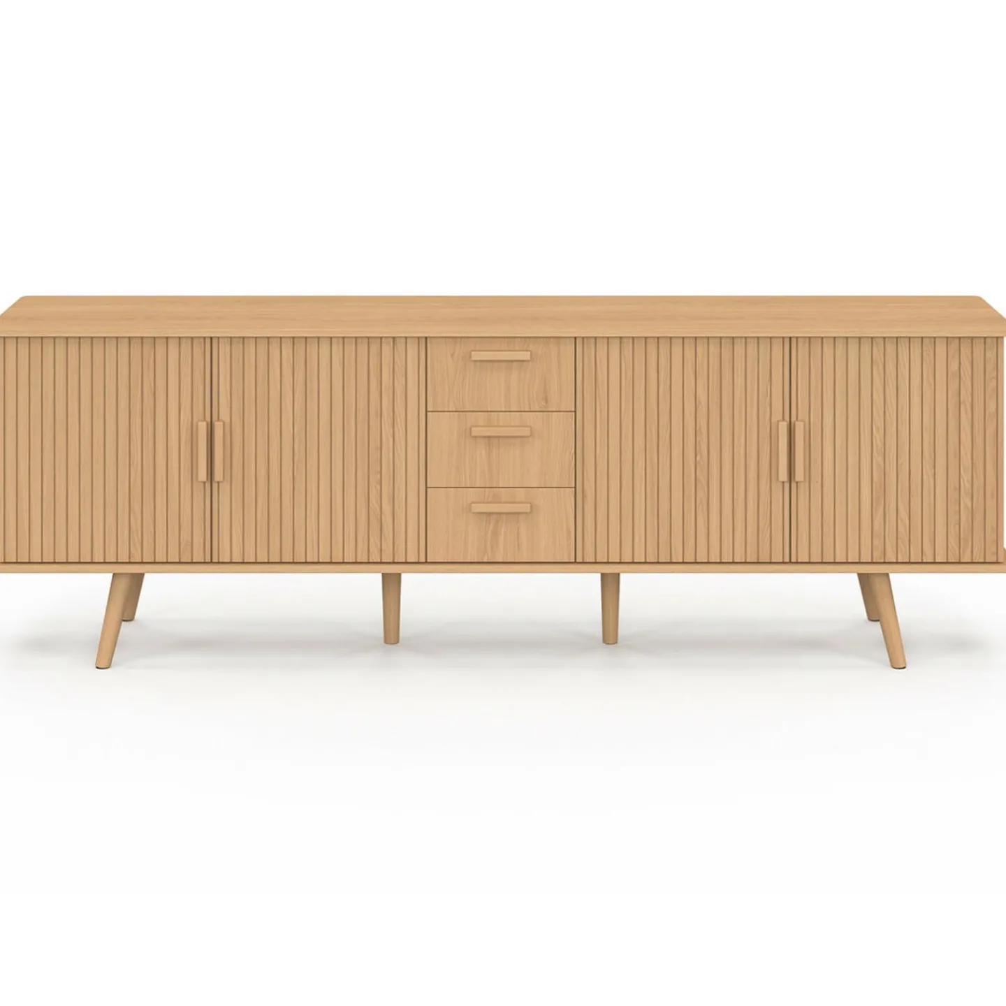 Buffet XXL de 180 cm avec 4 portes et 3 tiroirs à l’effet lattes et tasseaux en bois coloris chêne*IDMarket New