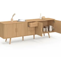 Buffet XXL de 180 cm avec 4 portes et 3 tiroirs à l’effet lattes et tasseaux en bois coloris chêne*IDMarket New