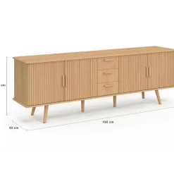 Buffet XXL de 180 cm avec 4 portes et 3 tiroirs à l’effet lattes et tasseaux en bois coloris chêne*IDMarket New