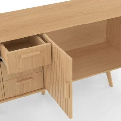 Buffet XXL de 180 cm avec 4 portes et 3 tiroirs à l’effet lattes et tasseaux en bois coloris chêne*IDMarket New
