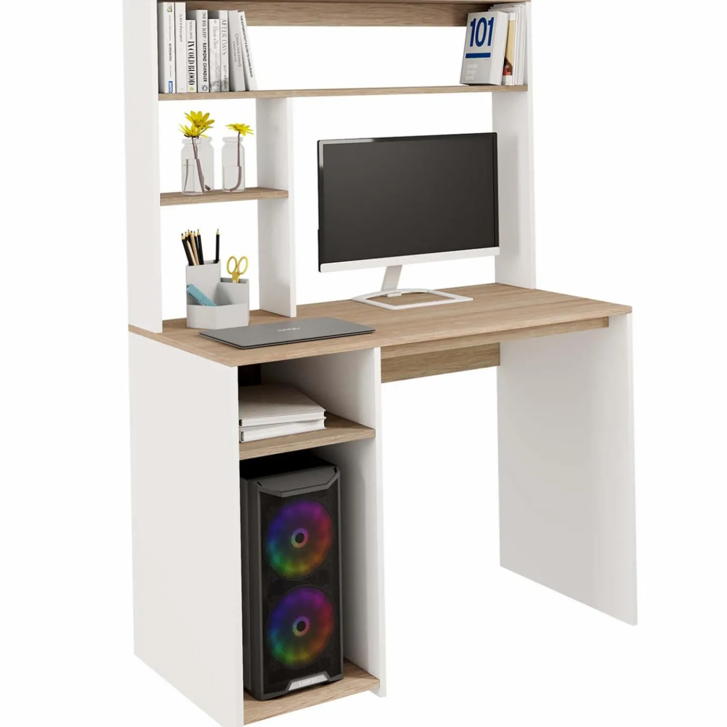Bureau avec rangements blanc et bois façon hêtre*IDMarket Outlet