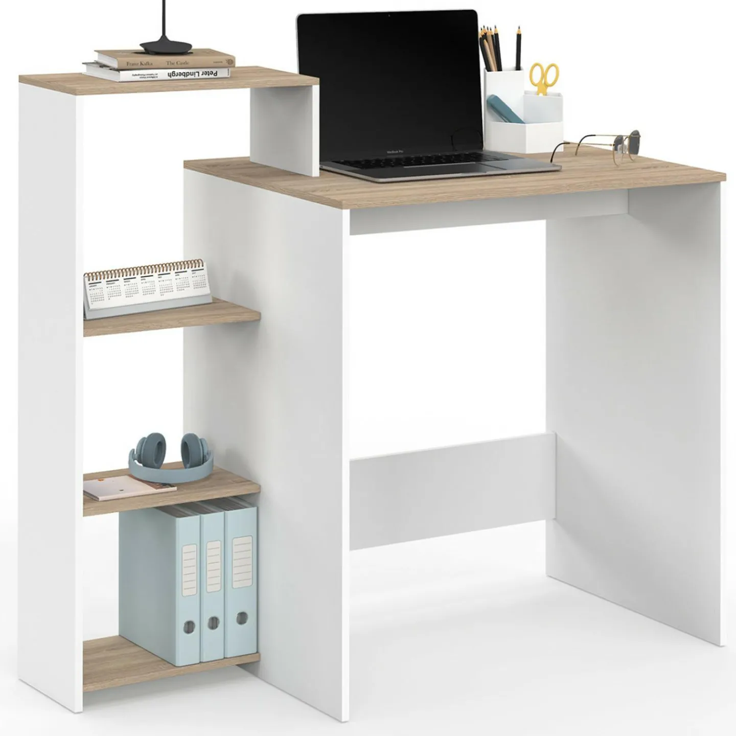 Bureau avec étagères modulables latérales bois façon hêtre et blanc*IDMarket Best