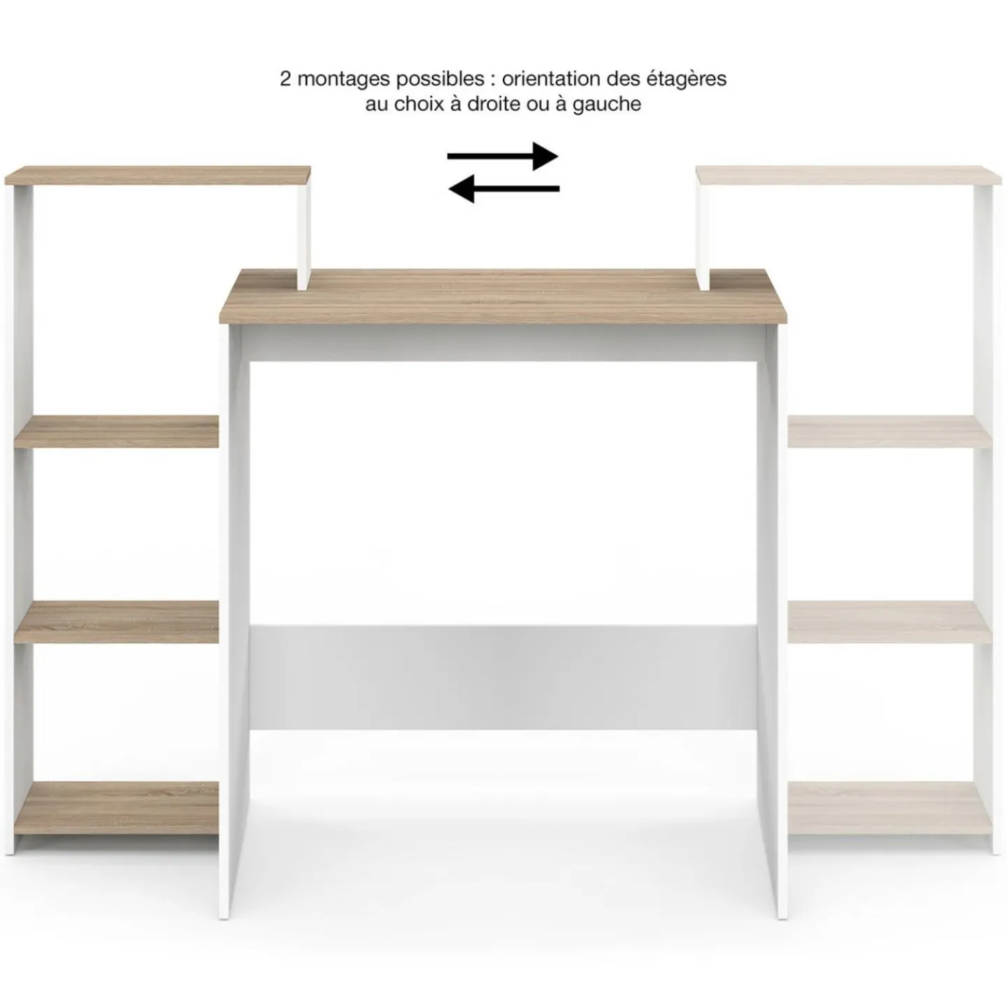 Bureau avec étagères modulables latérales bois façon hêtre et blanc*IDMarket Best