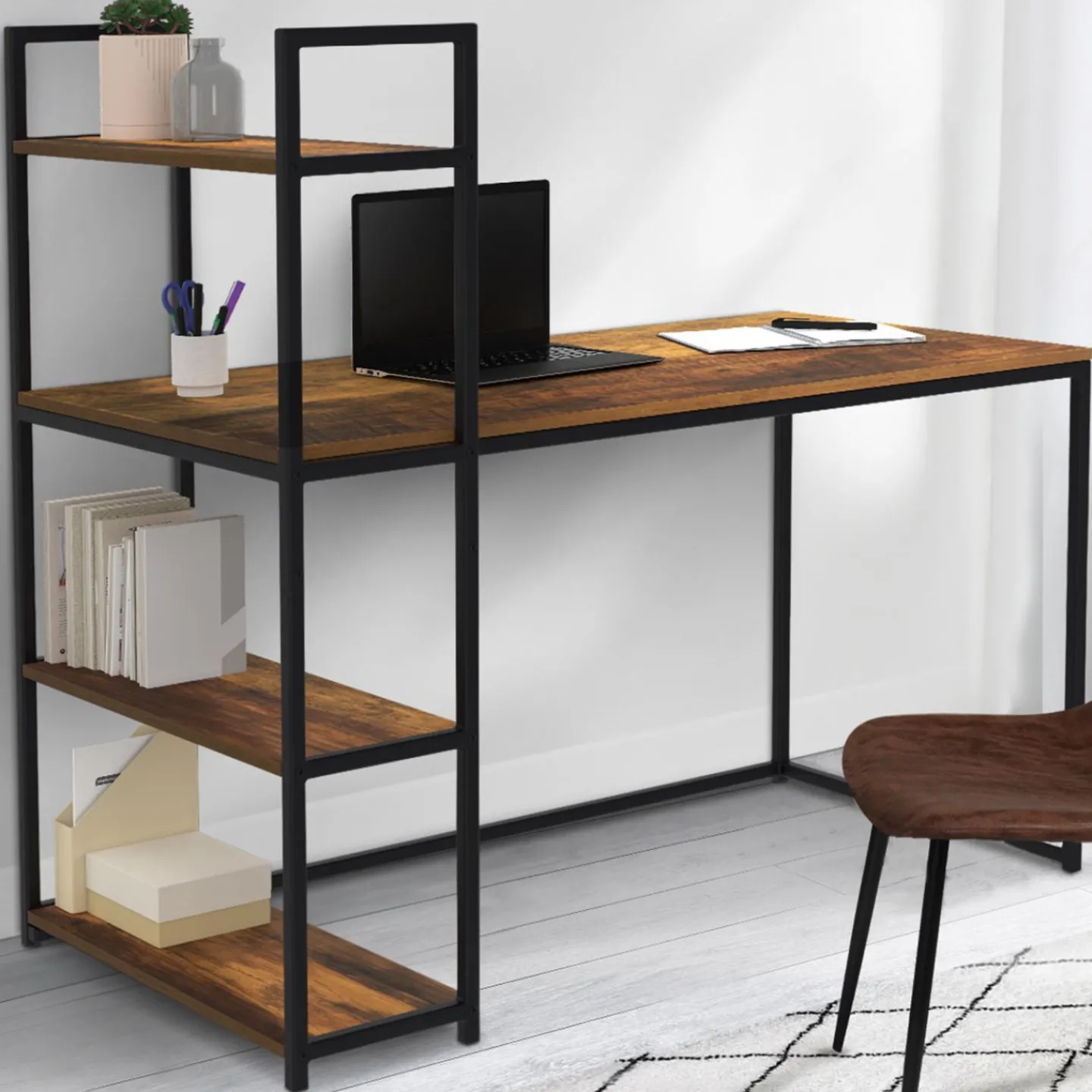 Bureau avec étagères style industriel effet bois vieilli*IDMarket New