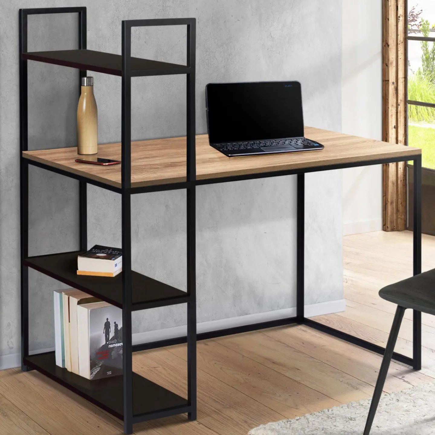 Bureau avec étagères style industriel en bois et métal noir*IDMarket Outlet