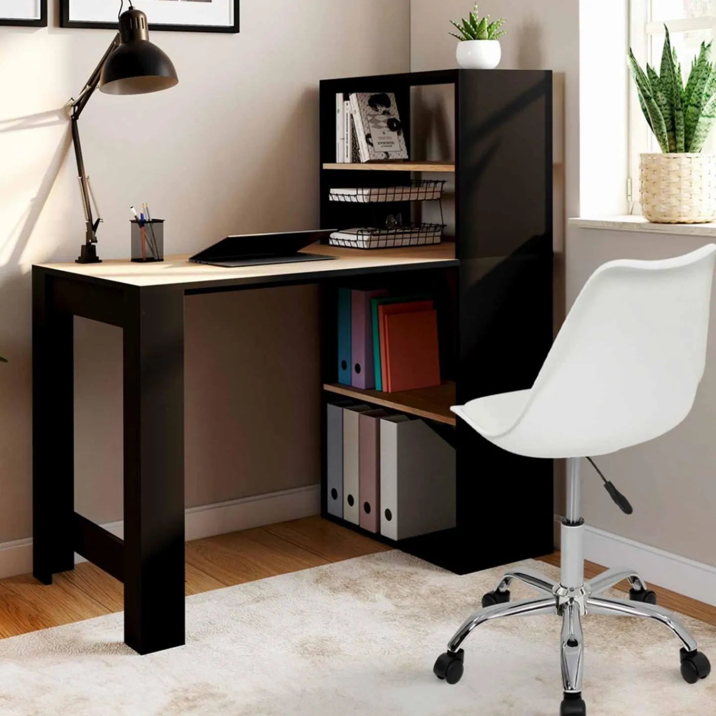 Bureau bibliothèque bois façon hêtre et noir*IDMarket New