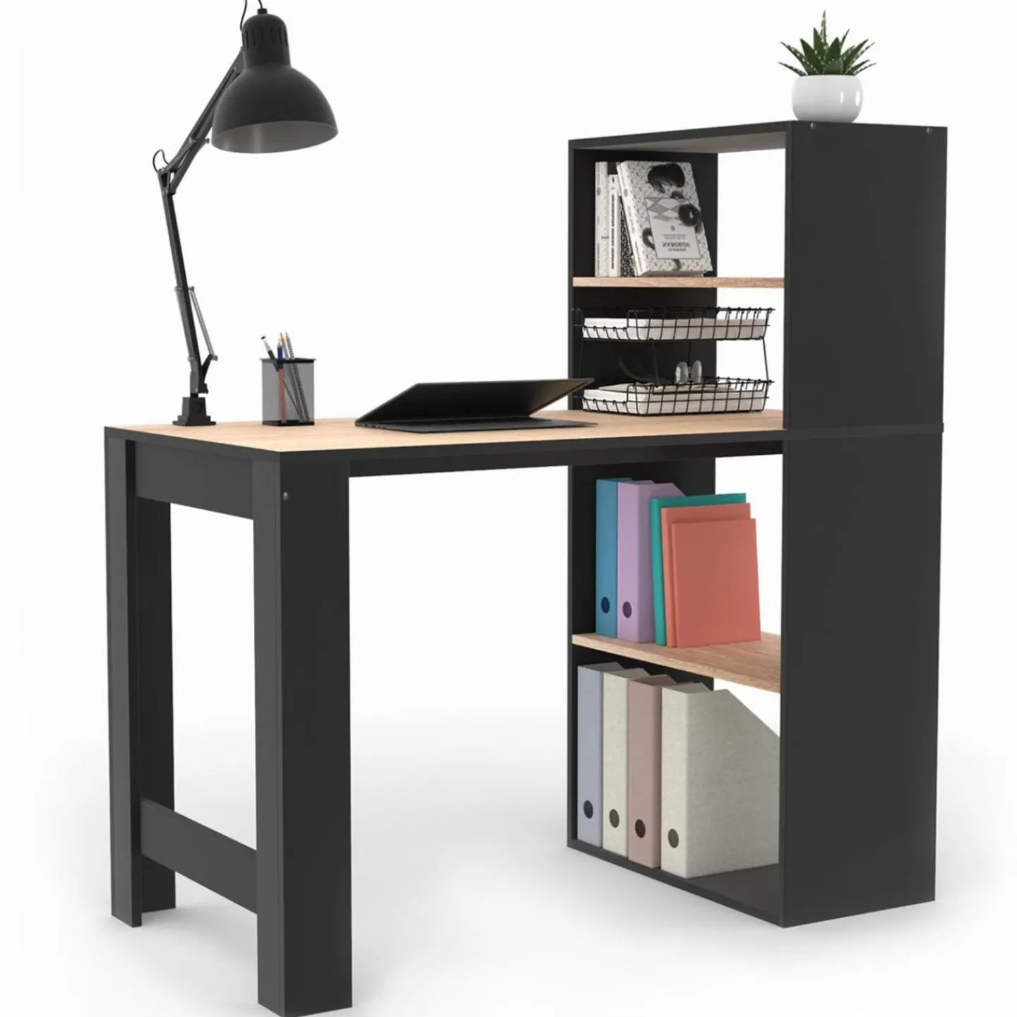 Bureau bibliothèque bois façon hêtre et noir*IDMarket New