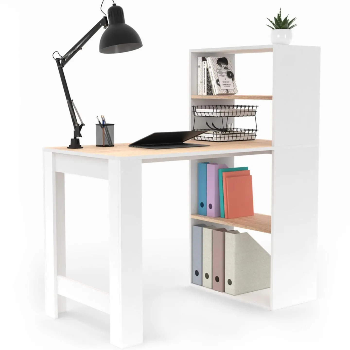 Bureau bibliothèque bois façon hêtre et blanc*IDMarket