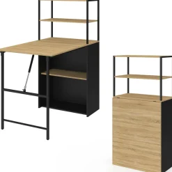 Bureau bibliothèque pliable plateau rabattable bois façon hêtre et noir*IDMarket New