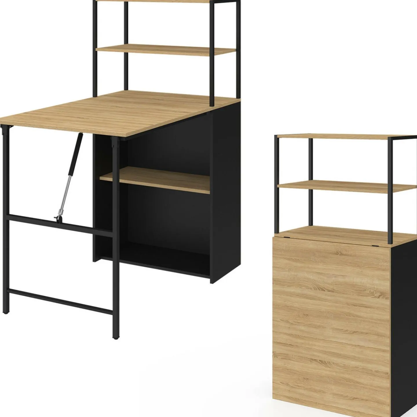 Bureau bibliothèque pliable plateau rabattable bois façon hêtre et noir*IDMarket New