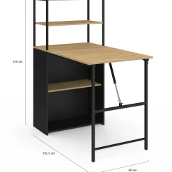 Bureau bibliothèque pliable plateau rabattable bois façon hêtre et noir*IDMarket New