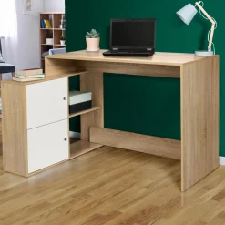 Bureau d’angle avec rangement bois imitation hêtre et blanc*IDMarket Online