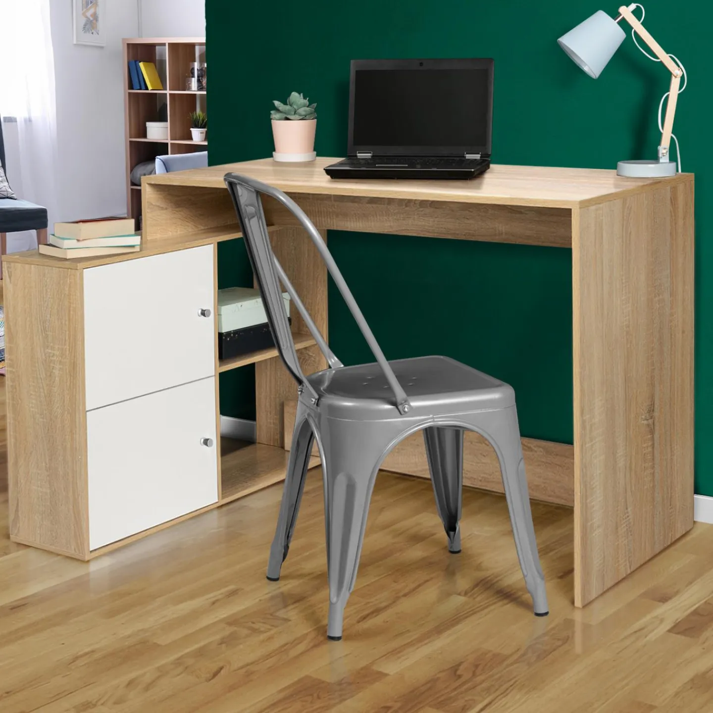 Bureau d’angle avec rangement bois imitation hêtre et blanc*IDMarket Online
