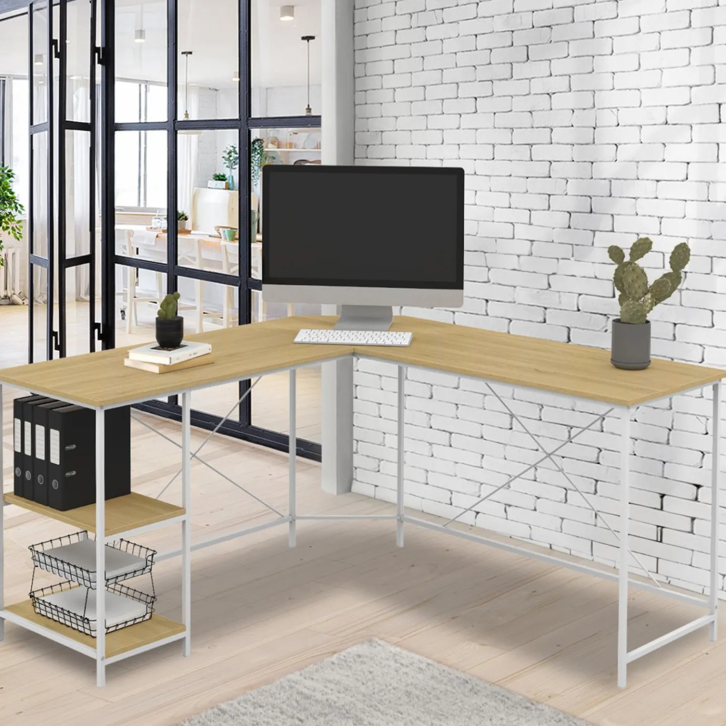 Bureau d'angle en bois et métal blanc en forme de L*IDMarket Online