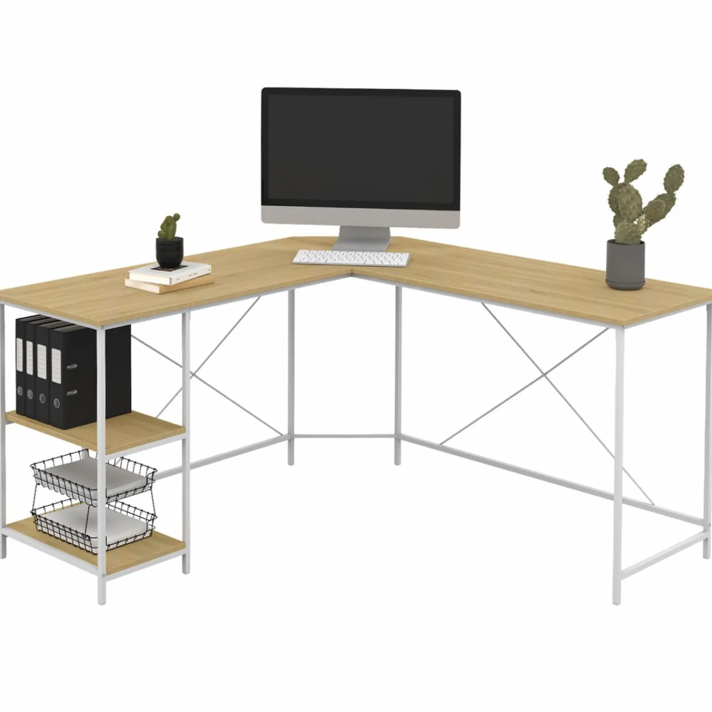 Bureau d'angle en bois et métal blanc en forme de L*IDMarket Online