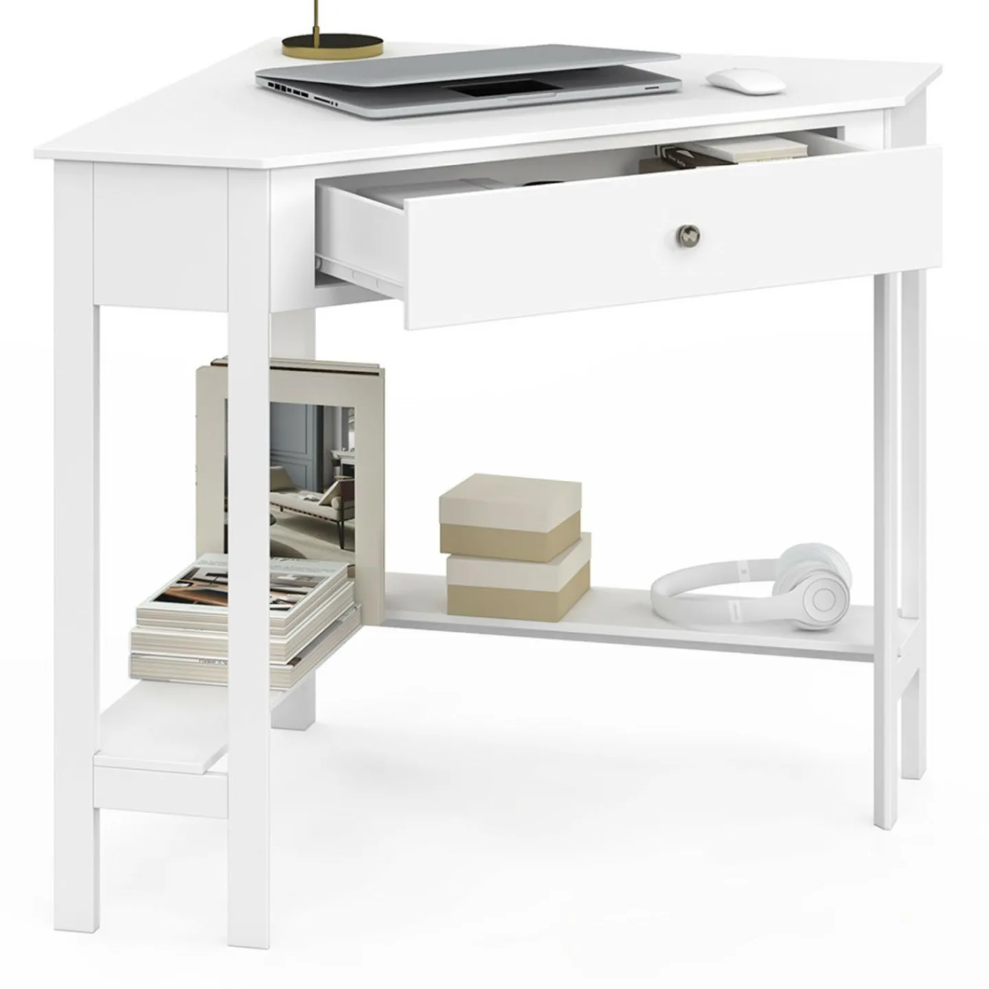 Bureau d'angle gain de place bureau informatique blanc avec rangements et 1 tiroir*IDMarket Sale