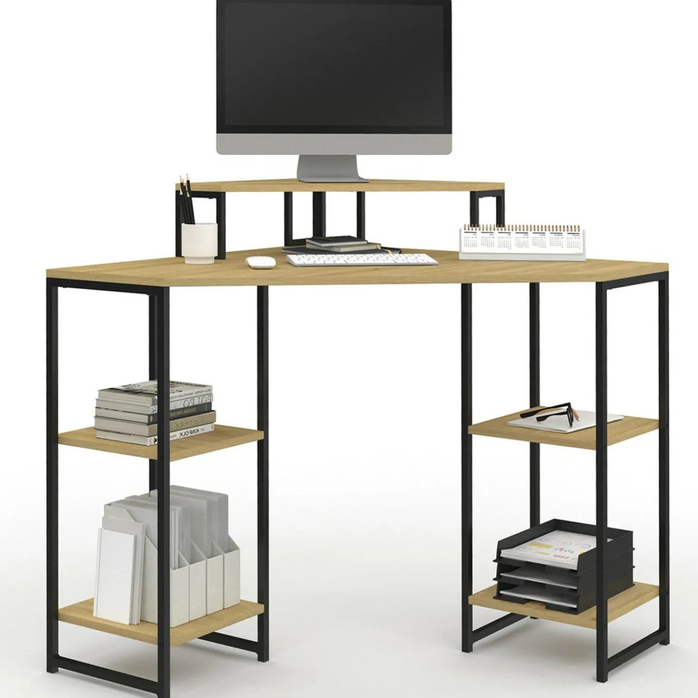 Bureau d'angle industriel avec rangements bois et métal noir*IDMarket Sale