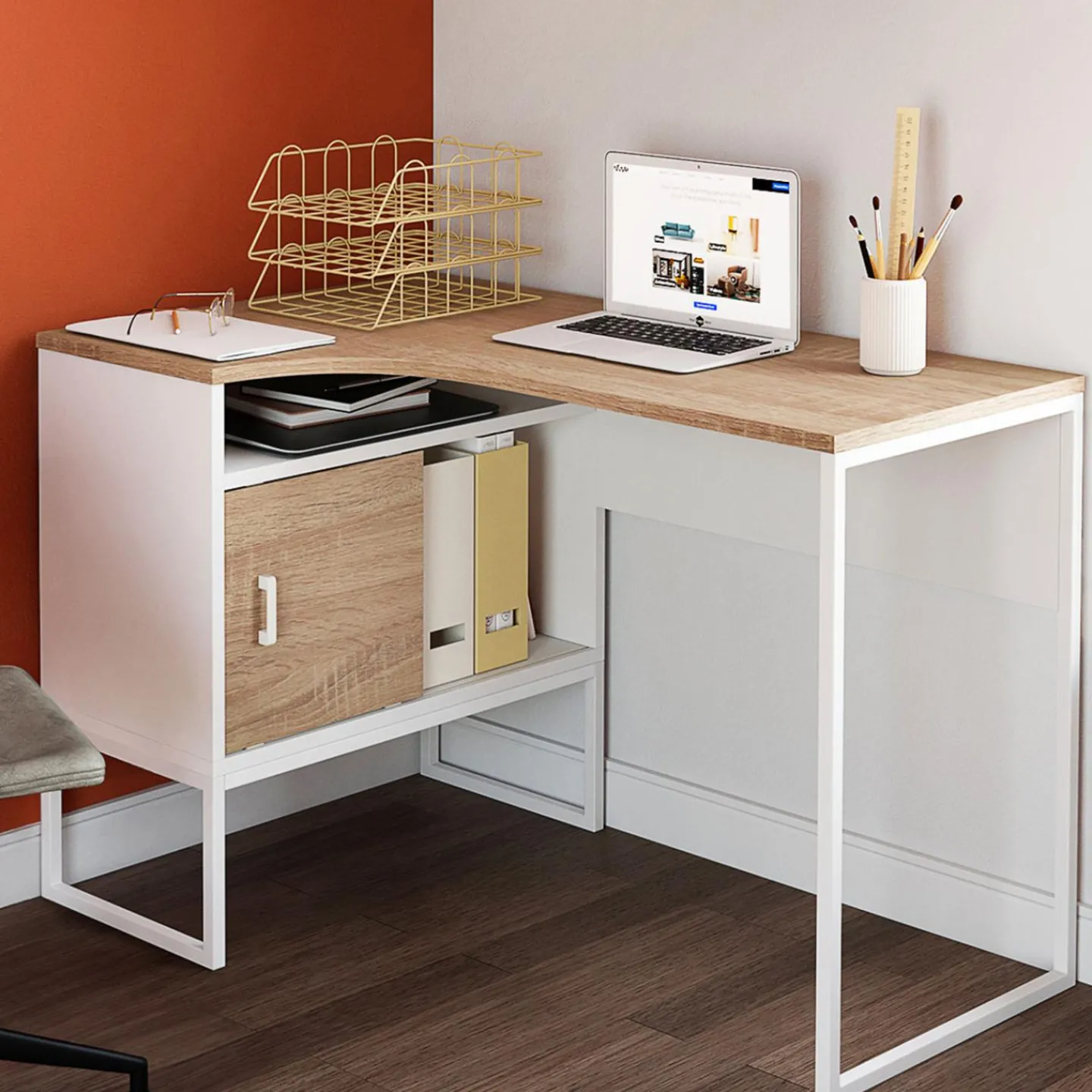 Bureau d’angle industriel métal blanc et bois façon hêtre*IDMarket New