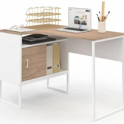 Bureau d’angle industriel métal blanc et bois façon hêtre*IDMarket New