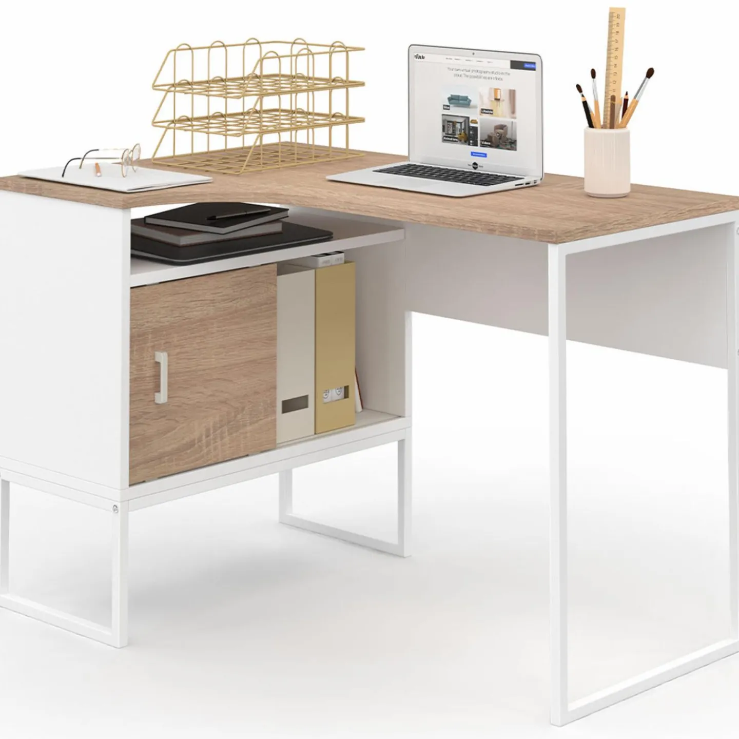 Bureau d’angle industriel métal blanc et bois façon hêtre*IDMarket New