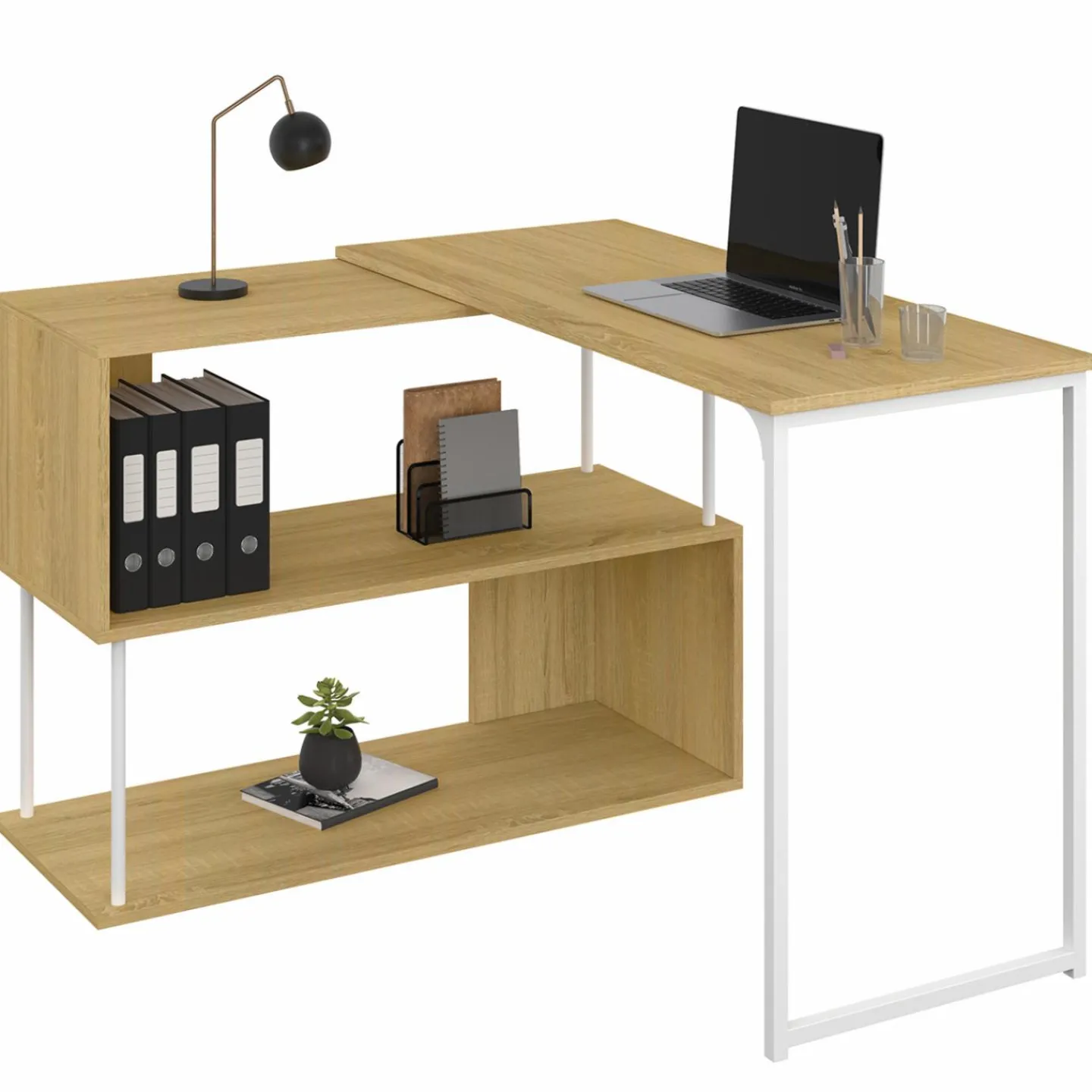 Bureau d'angle rotatif 180° métal blanc et bois*IDMarket Sale