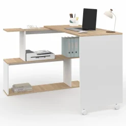 Bureau d'angle rotatif en bois hêtre et blanc*IDMarket