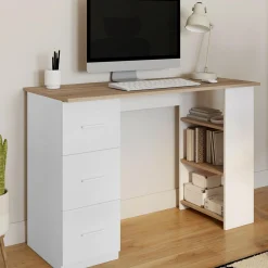 Bureau droit 3 tiroirs avec étagères de rangement blanc et bois*IDMarket Online