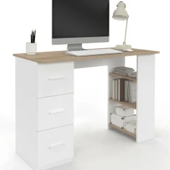 Bureau droit 3 tiroirs avec étagères de rangement blanc et bois*IDMarket Online