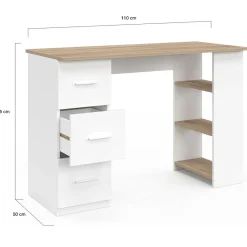 Bureau droit 3 tiroirs avec étagères de rangement blanc et bois*IDMarket Online