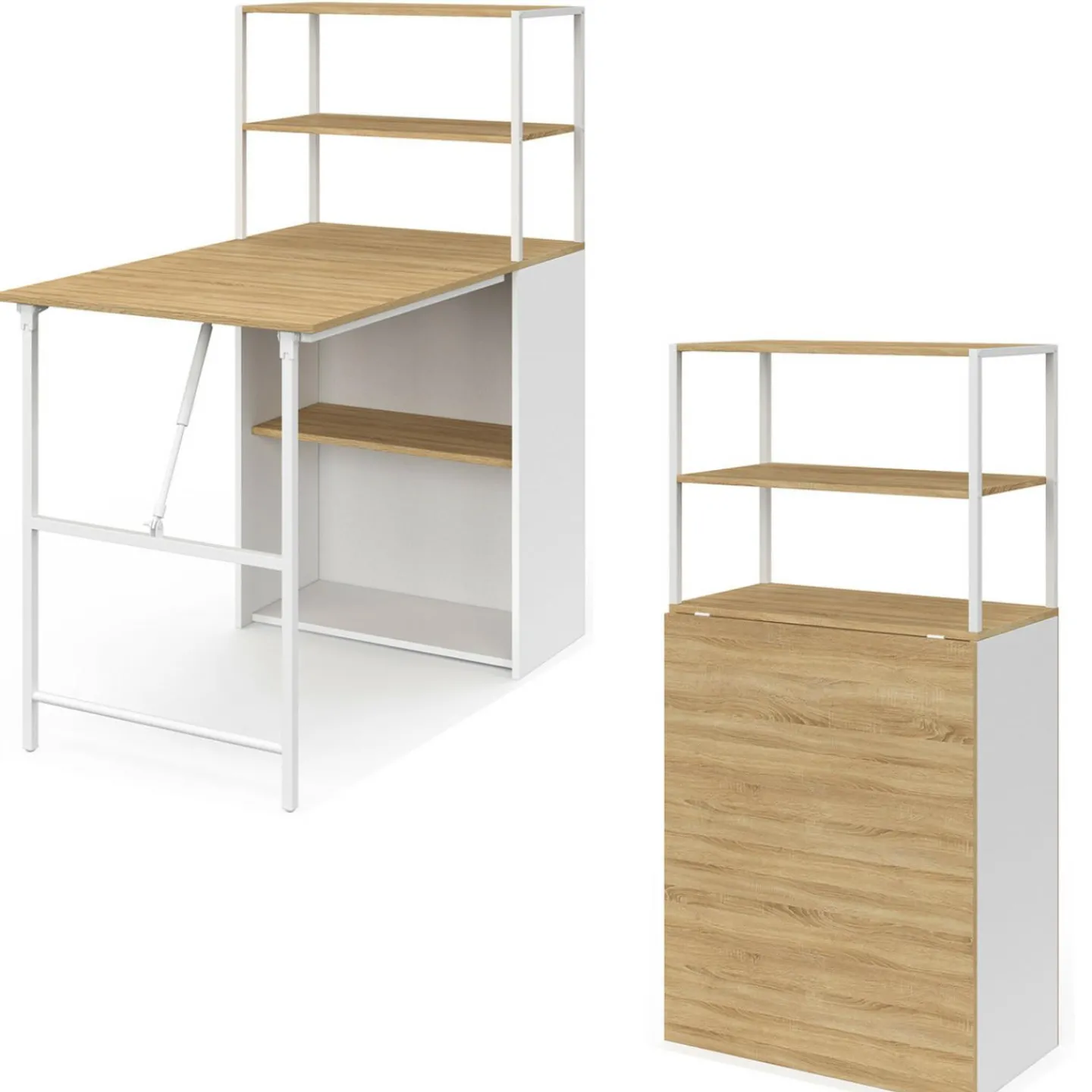 Bureau pliable avec étagères bois façon hêtre et blanc*IDMarket Hot