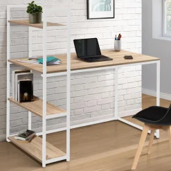 Bureau style industriel en métal blanc et bois avec étagères*IDMarket