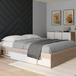 Cadre de lit avec rangements et sommier bois et blanc 160x200 cm*IDMarket Outlet